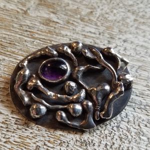 Amethyst sterling silver oval pin broach vintage handmade.